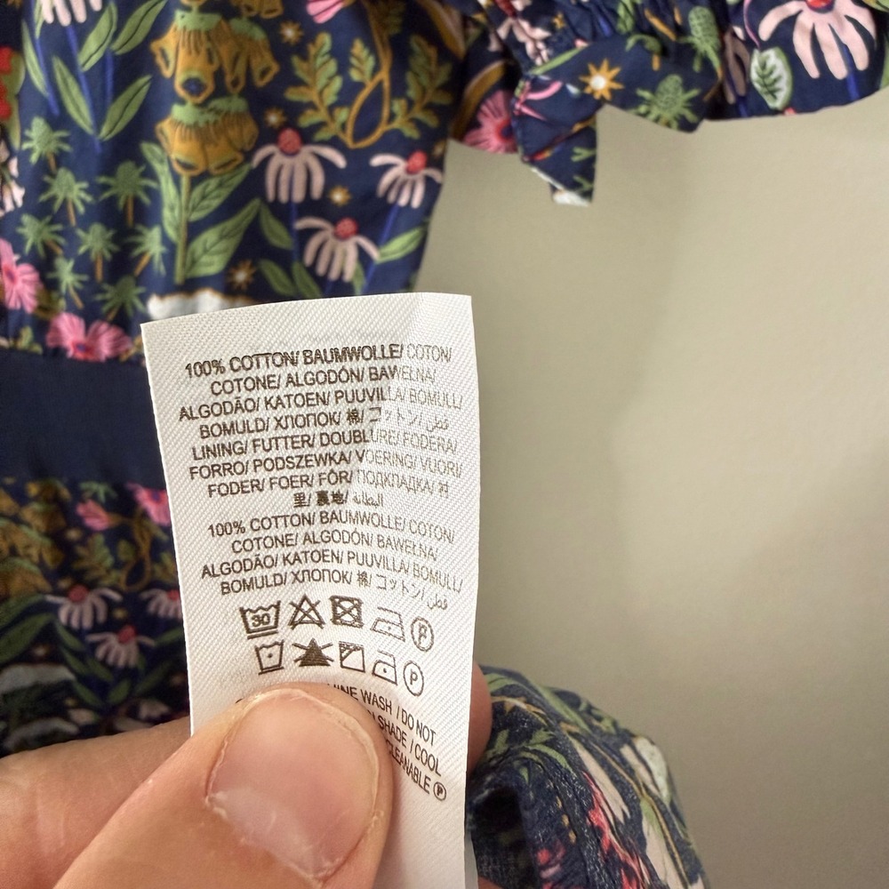 Boden Botanical Floral Tiered Midi Dress Navy Blue Ruffled Puff Sleeve US 14R - Picture 9 of 10